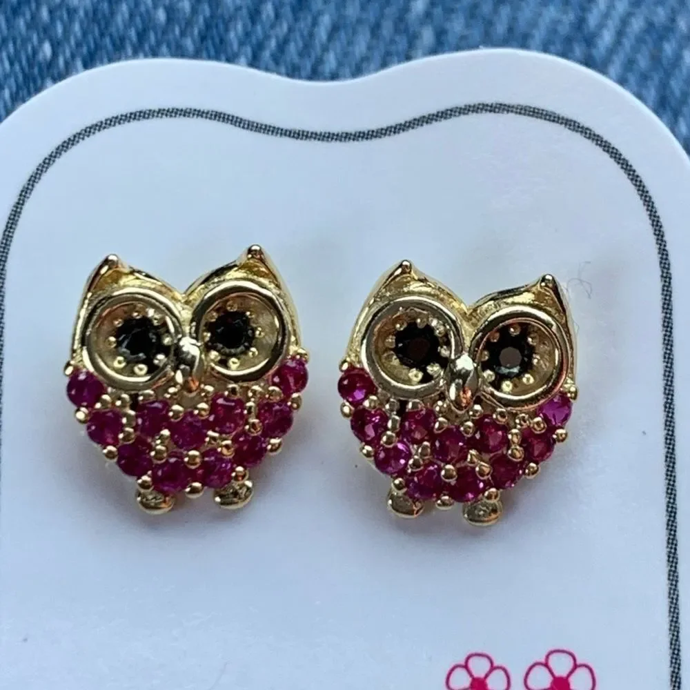 14k gold plated Red Owl CZ Girls Earrings